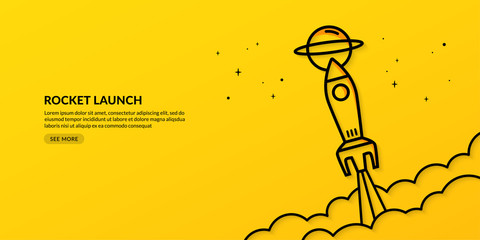 Rocket launching to space on yellow background, business start up concept