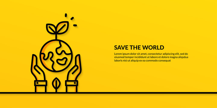 Save the world concept with hands hold earth, flat nature ecology on yellow background