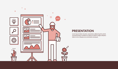 Man discussion presentation, analytics character with outline elements