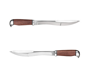 Hunting knife with wooden handle. Isolated on white back.