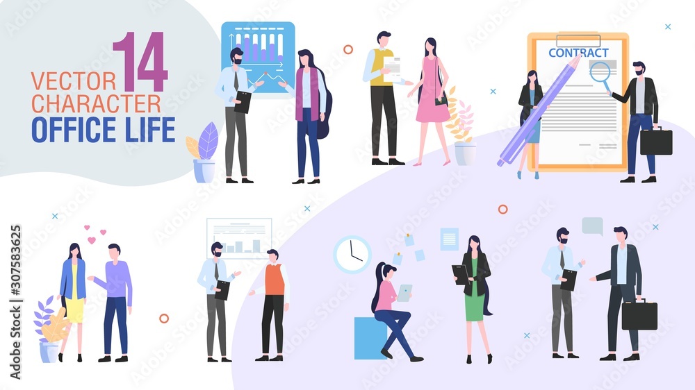 Wall mural Business Company Office Workers Trendy Flat Vector Characters Set. Female, Male Employees or Entrepreneurs Talking, Communicating with Colleagues, Singing Contract, Planning Strategy Illustration