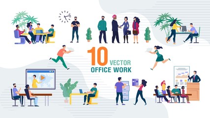 Fototapeta na wymiar Business Team Office Work Trendy Flat Vector Isolated Scenes Set. Business Company Employees, Office Workers Sitting on Meeting or Seminar, Working Together, Boss Greeting Foreign Partner Illustration