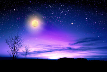 Beautiful landscape with night sky and big full moon. Nature landscape.