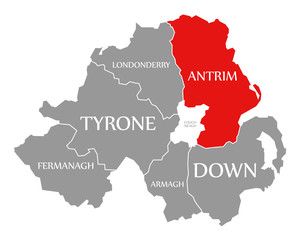 Fototapeta premium Antrim red highlighted in map of Northern Ireland