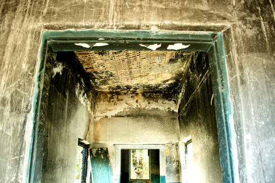 The interior of the building after a fire. Natural disaster effects