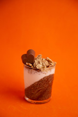 Delicious breakfast, cocoa chia pudding with yogurt and cereals