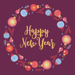 Christmas wreath with balls, fir branches, snowflakes on bordo background