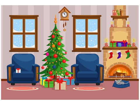 Vector illustration of Christmas living room with Christmas tree, gifts and snow-covered window.