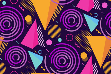 Seamless geometric pattern. Various  shapes on a dark purple background. Vector Colorful print in the style of Memphis, minimalist texture. 80s-90s trends designs. Modern retro template. - 307584885