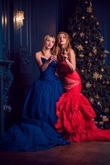 Gorgeous Christmas scene, ladies in perfect evening dress in living room, Happy New Year time 
