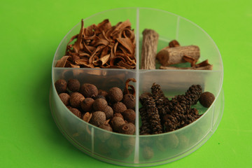 box with spices for cocktails with vocka..