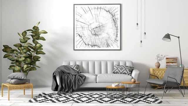 Modern interior of apartment, living room with grey sofa, armchair, coffee tables and plant,home design, 3d animation rendering