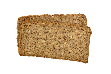 Slices of wholemeal dark bread isolated on a white background in close-up (high details)