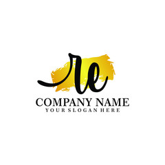 letter RE handwriting Black color logo, and elegant gold brush template