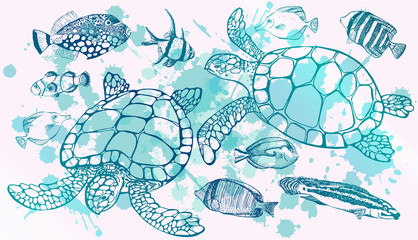 Sea turtle and tropical fish. Marine set. Perfect for invitations, greeting cards, print, banners, poster for textiles, fashion design.