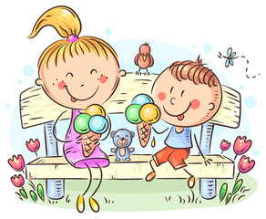 Kids eating ice-cream sitting on a bench in the park