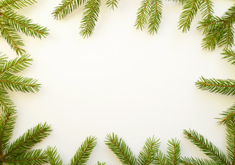Christmas holidays composition on white background. X-mas decorations, pine cones and fir branches. Flat lay, top view, copy space