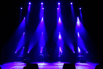 Empty stage. Multicolored lights, light show at the Concert.