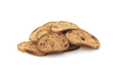 Sliced bruschetta on white background. Crusty bread bruschetta.