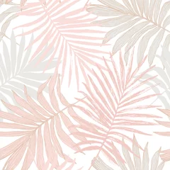 Crédence de cuisine en verre imprimé Palmiers Fond de feuille tropicale botanique luxueuse dans des couleurs rose blush pastel.