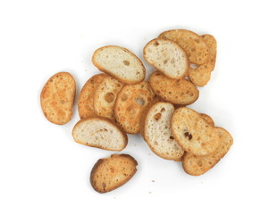 Sliced bruschetta on white background. Crusty bread bruschetta.