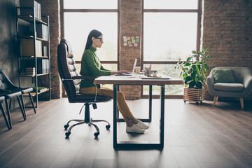 Full length profile photo of busy brunette business lady resourceful person notebook table modern...