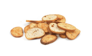 Sliced bruschetta on white background. Crusty bread bruschetta.