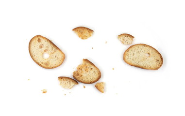 Sliced bruschetta on white background. Crusty bread bruschetta.