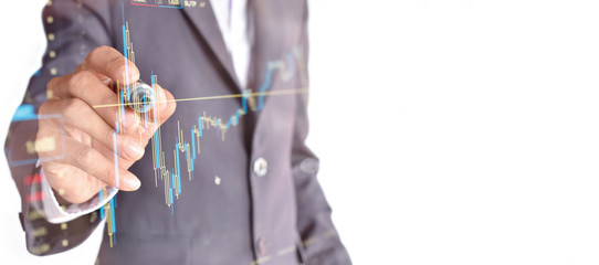 Businessman use the pen to point to digital virtual screen technology with Stock graph isolated on...