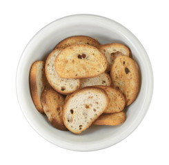 Sliced bruschetta on white background. Crusty bread bruschetta.