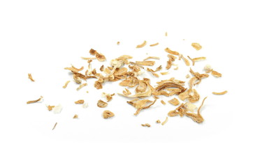 Dried Minced Onions on a White Background. Onion flakes isolated on white background.