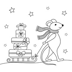 Christmas coloring with mouse and gifts.