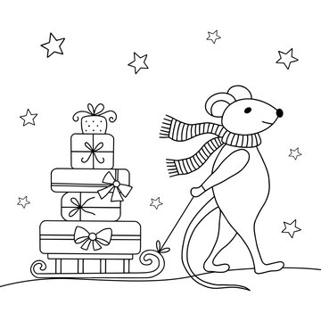 Christmas coloring with mouse and gifts.