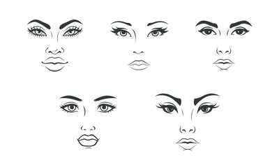 Black and White Girls  Facial Vector Portrait Set