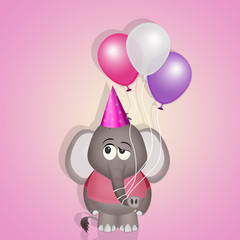 baby elephant with balloons on postcard for birthday party