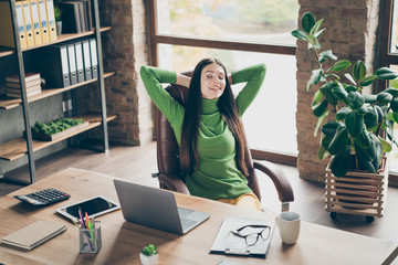 Portrait of her she nice attractive cheerful cheery dreamy lady realestate agent broker consultant...