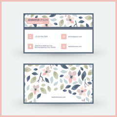 Double-sided horizontal modern business card template with cute floral background. Vector mockup illustration. Stationery design