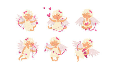 Collection of Cute Cupid Girls in Different Actions, Adorable Cherubs Shooting with Bow and Arrows Surrounded with Pink Hearts Vector Illustration