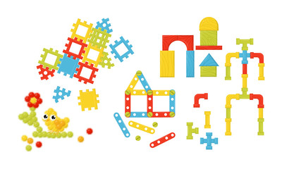 Children Toys Collection, Magnetic Constructor and Building Blocks, Educational Game for Kids Vector Illustration