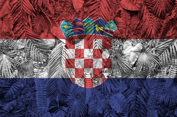 Croatia flag depicted on many leafs of monstera palm trees. Trendy fashionable backdrop
