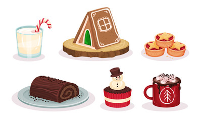 Christmas Festive Dishes and Desserts Set, Chocolate Roll, Cupcake Decorated with Snowman, Cup of Cocoa with Marshmallows, Gingerbread House Vector Illustration