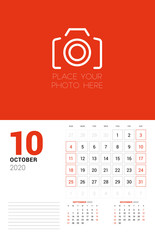 Wall calendar planner template for 2020 year. October 2020. 3 months on the page. Week starts on Sunday. Vector illustration