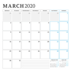 March 2020. Calendar planner stationery design template. Vector illustration. Week starts on Monday