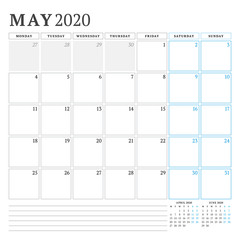 May 2020. Calendar planner stationery design template. Vector illustration. Week starts on Monday