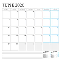 June 2020. Calendar planner stationery design template. Vector illustration. Week starts on Monday