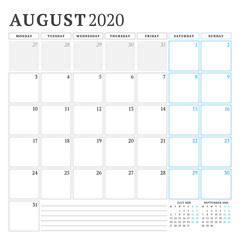 August 2020. Calendar planner stationery design template. Vector illustration. Week starts on Monday