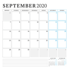 September 2020. Calendar planner stationery design template. Vector illustration. Week starts on Monday