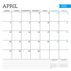 April 2020. Square monthly calendar. Planner template. Minimalist style. Vector illustration. Week starts on Monday