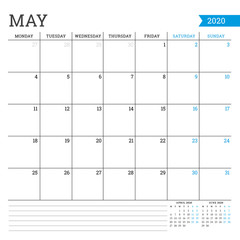 May 2020. Square monthly calendar. Planner template. Minimalist style. Vector illustration. Week starts on Monday