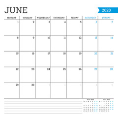 June 2020. Square monthly calendar. Planner template. Minimalist style. Vector illustration. Week starts on Monday